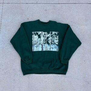 Vintage 90s USA Made Hanes Heavyweight Green Sweatshirt XL Puff Print Trees Snow